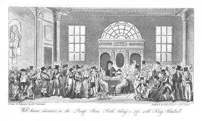 Dobrze znane postacie w pijalni, Bath, popijające z królem Bladudem, 1825 autorstwa Isaac Robert Cruikshank