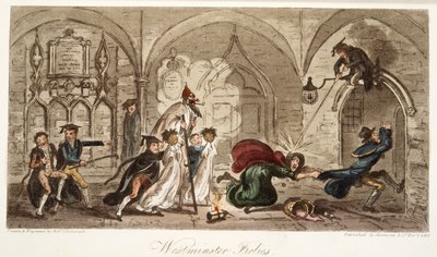 Westminster Frolics, z The English Spy, wyd. 1824 (grawerowanie ręcznie kolorowane) autorstwa Isaac Robert Cruikshank