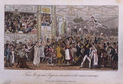 Tom, Jerry i Logic w postaciach podczas Wielkiego Karnawału, z „Życia w Londynie” Pierce Egan autorstwa Isaac Robert and George Cruikshank