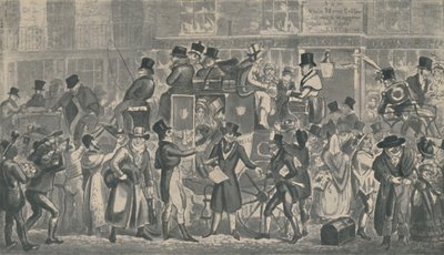 Poza piwnicą pod White Horse, Piccadilly, 1821, 1920. Artyści: Isaac Robert Cruikshank, George Cruikshank. autorstwa Isaac, Robert and George Cruikshank