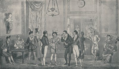 The Green Room w Drury Lane Theatre, 1821, 1920. Artyści: Isaac Robert Cruikshank, George Cruikshank. autorstwa Isaac, Robert and George Cruikshank