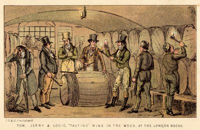 Tom, Jerry i Logic, degustacja wina w lesie w londyńskich dokach autorstwa Isaac, Robert and George Cruikshank