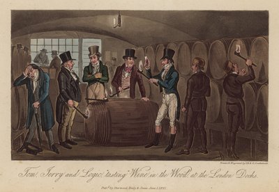 Tom, Jerry i Logic "degustują" wino w drewnie w londyńskich dokach autorstwa Isaac, Robert and George Cruikshank
