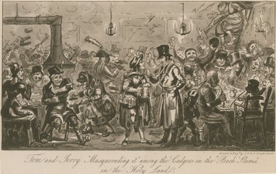 Tom i Jerry w przebraniu wśród twardzielów w „tylnych slumsach” w Ziemi Świętej autorstwa Isaac, Robert and George Cruikshank