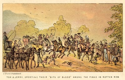 Tom i Jerry, noszący swoje Kawałki krwi wśród różowych w Rotten Row autorstwa Isaac, Robert and George Cruikshank