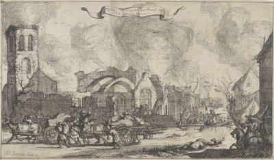 Wojska francuskie maszerują plądrując i strzelając przez ruiny wsi Nigtevcht, 1672 Seria trzynastu obrazów wiosek i zamków w prowincji Utrecht zniszczonych przez Francuzów w 1672 r. (tytuł serii) autorstwa Isaac Sorious
