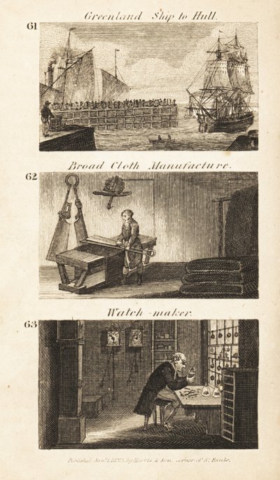 Transakcje w Regency England: statek Grenlandii do Hull, fabryka tkanin i zegarmistrz autorstwa Isaac Taylor