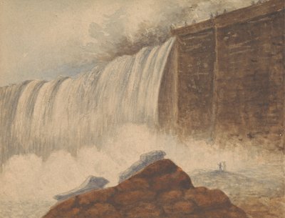 Widok wodospadu Niagara z dwiema postaciami na skale na prawym pierwszym planie autorstwa Isaac Weld