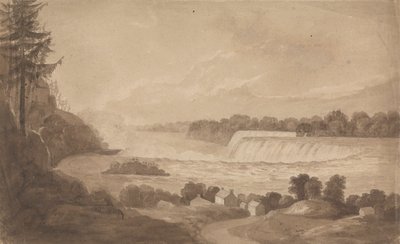 Widok na wodospad Niagara z wodospadami w tle, po prawej i krajobraz z domami na pierwszym planie autorstwa Isaac Weld