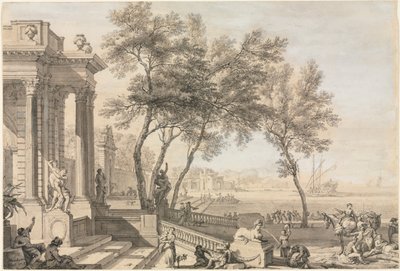 Fantastyczna scena portowa z architekturą i postaciami, 1713. autorstwa Isaac de Moucheron