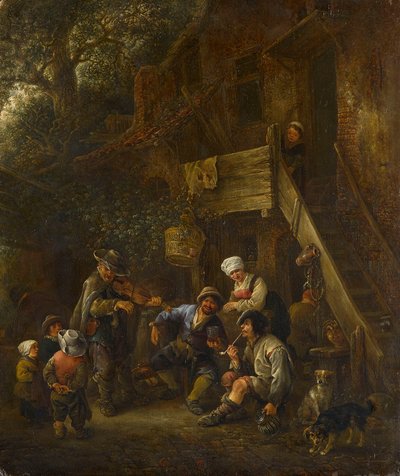 Chłopi słuchający niewidomego skrzypka przed chatą autorstwa Isaac van Ostade