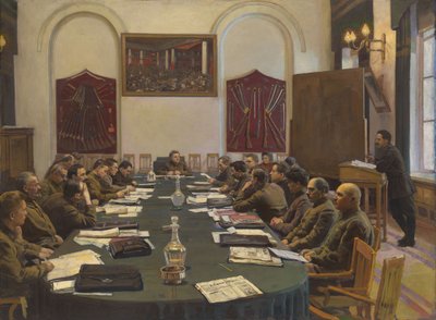 Zgromadzenie Rewolucyjnej Rady Wojskowej ZSRR pod przewodnictwem Klimenta Woroszyłowa autorstwa Isaak Israilevich Brodsky