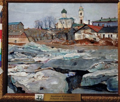 Dryfujący lód w Pskowie (Dyfujący lód w Pskowie). Obraz Isaaka Izrailevicha Brodskiego (Brodskiego) (1884-1939). Olej na tekturze autorstwa Isaak Israilevich Brodsky