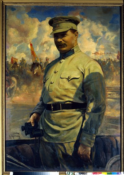 Portret przywódcy bolszewików Michaiła Wasiljewicza Frunzego (1885-1925). (Portret przywódcy bolszewików M. V. Frunzego). Obraz Isaaka Izrailevicha Brodskiego (Brodskiego) (1884-1939), olej na płótnie autorstwa Isaak Israilevich Brodsky