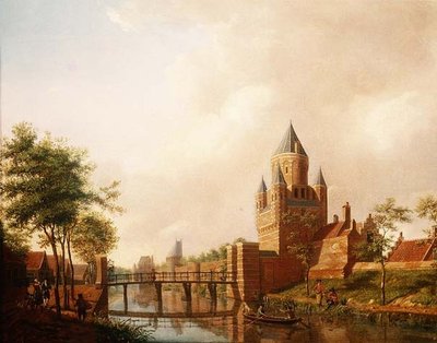 Widok na Kleine Houtpoort (Małą Bramę) w Haarlemie z Grote Houtpoort (Wielką Bramą) w tle autorstwa Isaac Ouwater