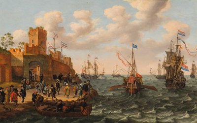 Holenderski trójmistrz i galera papieska z innymi żeglugami wzdłuż wybrzeża ufortyfikowanego miasta, ok. 1662 (olej na panelu) autorstwa Isaak Willaerts