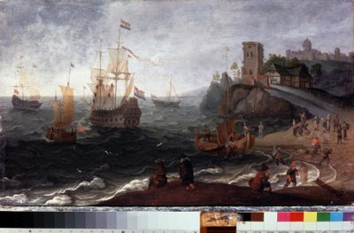 Targ rybny na plaży (targ rybny nad brzegiem morza). Obraz Izaaka Willaertsa (1620-1693). Olej na drewnie, 35,5 x 67 cm, ok. 1640. Sztuka holenderska XVII wieku. Państwowe Muzeum Historii i Sztuki, Serpukhov (Rosja). autorstwa Isaak Willaerts