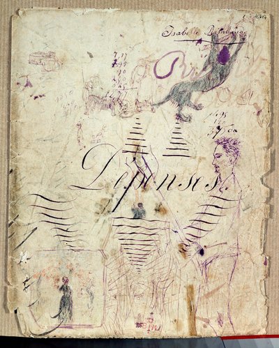 Arthur Rimbaud pomaga przy żniwach. Rysunek Isabelle Rimbaud fioletowym atramentem na kartce szkiców księgi rozchodów autorstwa Isabelle Rimbaud