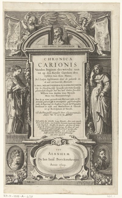 Strona tytułowa Chronica Carionis autorstwa P. Melanchthon Chronica Carionis od początku świata aen tot den Keyser Carolum (tytuł na obiekcie) autorstwa Isaeck van Aelst