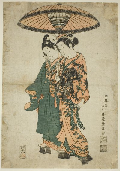 The Actors Sanogawa Ichimatsu I and Segawa Kikunojo I as lovers under an umbrella autorstwa Ishikawa Toyonobu