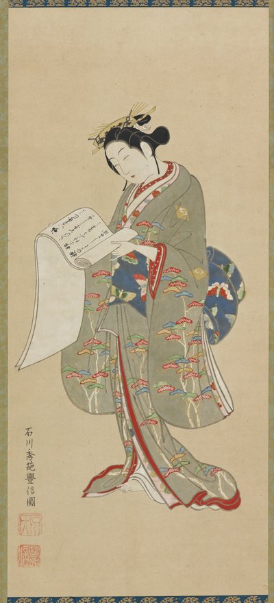 Młoda kobieta czytająca list, okres Edo, 1711-1785. autorstwa Ishikawa Toyonobu