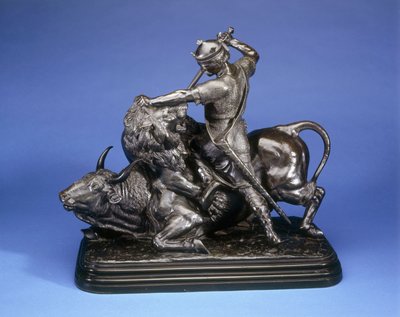 Król zabijający lwa atakującego byka, ok. 1874 (czarny brąz patynowany) autorstwa Isidore Jules Bonheur