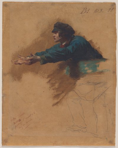 Młody mężczyzna pochylający się do przodu z wyciągniętymi ramionami (Studium żołnierza rozdającego chleb ubogim), ok. 1851 (olej, brązowa farba olejna lub tusz i czarna kredka) autorstwa Isidore Pils