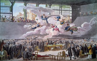 Rewolucja Francuska: „” Le oath du jeu de Paume le 20 juin 1789”” Posłowie przysięgają, że nie będą się rozdzielać, dopóki konstytucja nie zostanie poprawiona. Grawerowanie Isidore Helmana (1743-1809) 1789 Paryż, B.N. autorstwa Isidore Stanislas Helman