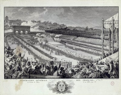 Rewolucja Francuska: widok festynu Generalnej Federacji Departamentów Francuskich na Polach Marsowych w Paryżu w dniu 14.07.1791. Ilustracja Isidore Helmana (1743-1809) XVIII-wieczny Paryż, Musee Carnavalet autorstwa Isidore Stanislas Helman