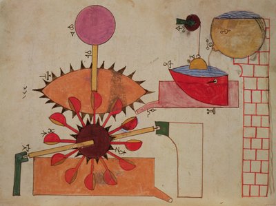 Schemat systemu pompowania wody do basenu, z Księgi Wiedzy o Pomysłowych Urządzeniach Mechanicznych Al-Jazari, 1206 autorstwa Islamic School