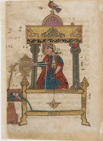 Automat do mycia rąk z mechanizmem spłukiwania, folio z Księgi Pomysłowych Urządzeń Mechanicznych; Al-Djazari, 1315 (nieprzezroczysta toaleta, tusz i złoto na papierze) autorstwa Islamic School