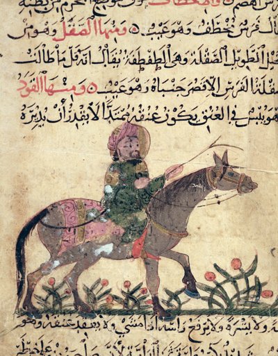 Koń i jeździec, ilustracja z "Księgi fryzur" Ahmeda ibn al-Husayna ibn al-Ahnafa, 1210 r. autorstwa Islamic School