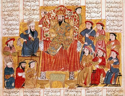 Sztuka islamu: „” Sułtan i jego dwór”” Perska miniatura z rękopisu epickiego poematu „” Shahnameh”” (Shah Nama, Shahnama) (Księga Królów) Ferdowsiego (Firdawsi lub Ferdawsi lub Firdousi, ca. 940-około 1020) Około 1330 Muzeum Topkapi, Stambuł autorstwa Islamic School