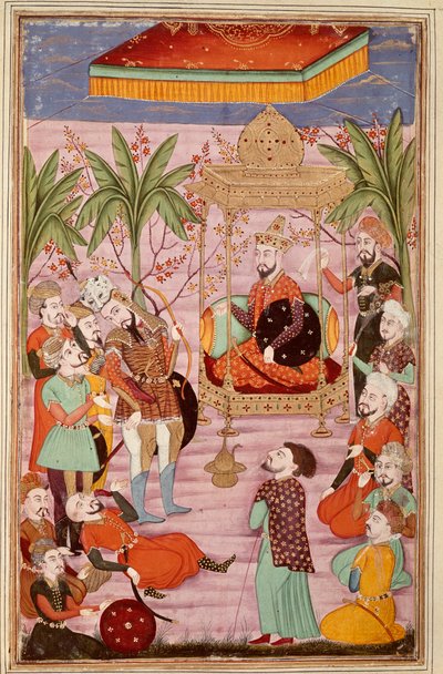 Sztuka islamu: „”Król Keikaous nakazuje schwytanie Roustama”””perska miniatura z rękopisu epickiego poematu „”Sahnameh””(Shah Nama, Shahnama) (Księga Królów) autorstwa Ferdowsiego (Firdawsi lub Ferdawsi lub Firdousi , ok. 940-około 1020) (ms. 607) Chantil autorstwa Islamic School