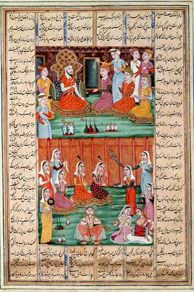Sztuka islamu: „”Małżeństwo trzech córek Sero, króla Jemenu”” Perska miniatura z rękopisu epickiego poematu „” Shahnameh”” (Shah Nama, Shahnama) (Księga Królów) autorstwa Ferdowsi (Firdawsi lub Ferdawsi , lub Firdousi, ok. 940-około 1020) (ms. 60 autorstwa Islamic School