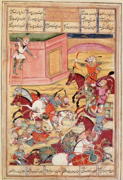 Sztuka islamu: „Sam odrywa strzałę, by bronić czarującego zamku””” Perska miniatura z rękopisu epickiego poematu „Sahnameh” (Shah Nama, Shahnama) (Księga Królów) autorstwa Ferdowsi (Firdawsi lub Ferdawsi, lub Firdousi, ok. 940-około 1020) (ms. 607 autorstwa Islamic School