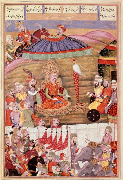 Sztuka islamu: „” Sohrab (Saharab) ponownie spogląda na namiot Roustama””” Perska miniatura z rękopisu epickiego poematu „” Shahnameh”” (Shah Nama, Shahnama) (Księga Królów) autorstwa Ferdowsiego (Firdawsi, lub Ferdawsi lub Firdousi, ok. 940-około 1020) (m autorstwa Islamic School