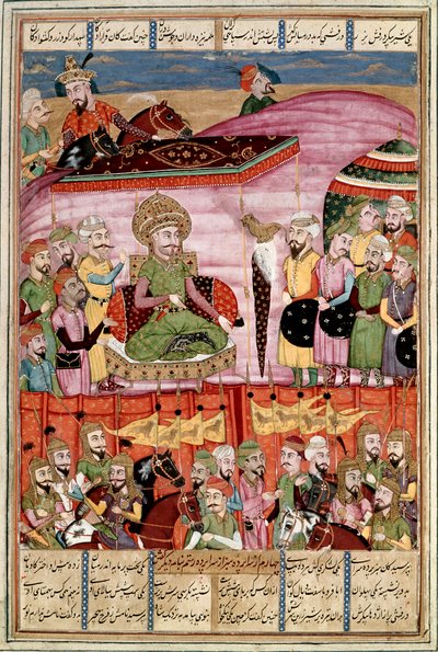 Sztuka islamu: „” Sohrab (Saharab) stoi w namiocie Roustama””” Perska miniatura z rękopisu epickiego wiersza „” Shahnameh”” (Shah Nama, Shahnama) (Księga Królów) autorstwa Ferdowsiego (Firdawsi lub Ferdawsi , lub Firdousi, ok. 940-około 1020) (ms. 607) Lly autorstwa Islamic School