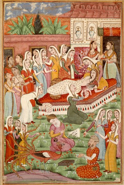 Sztuka islamu: „”Narodziny Cesariana z Roustam”””Perska miniatura z rękopisu epickiego poematu „”Shahnameh””(Shah Nama, Shahnama) (Księga Królów) Ferdowsiego (Firdawsi lub Ferdawsi lub Firdousi, ok. 940-około 1020) (ms. 607) Chantilly, Musee C autorstwa Islamic School