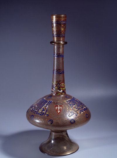 Sztuka Islamu: butelka ma długą szklaną szyjkę wicekróla Tuquztemura. ok. 1345 z Egiptu lub Syrii. Ciemny. 50 cm. Paryż, Luwr autorstwa Islamic School