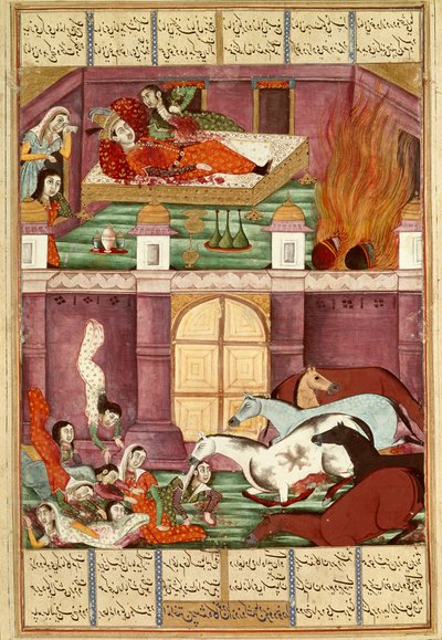 Sztuka islamu: „”śmierć Firouda i jego matki Djerireh””Perska miniatura z rękopisu epickiego poematu „”Sahnameh””(Shah Nama, Shahnama) (Księga Królów) autorstwa Ferdowsi (Firdawsi lub Ferdawsi lub Firdousi , ok. 940-około 1020) (ms. 607) Chantill autorstwa Islamic School