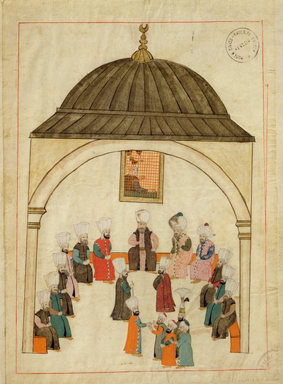 Ponia cicogna, 1971 m., miniatiūra iš „Atminties turchese“, vaizduojanti imperatoriškąją salę Topkapi rūmuose, Konstantinopolyje, apie 1580 m. autorstwa Islamic School