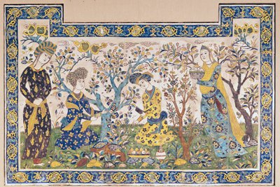 Mural z postaciami odpoczywającymi w ogrodzie, z Tchehel Sutun lub Pawilonu Czterdziestu Kolumn zbudowany przez Szacha Abbasa II (1642-66), perski, z Isfahanu, Iran (płytki ceramiczne) autorstwa Islamic School