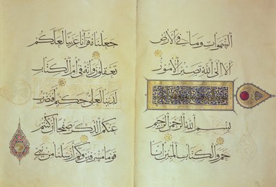 Dwie strony rękopisu Koranu, iluminowane przez Mohammada ebn Aibaka z kaligrafią Ahmada ebn Sohrevardiego, okres Il-Khanid, początek XIV wieku autorstwa Islamic School