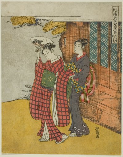 Clearing Weather of the Fan (Ogi no seiran), z serii „Modne parodie ośmiu widoków salonu (Furyu mitate zashiki hakkei)” autorstwa Isoda Koryusai