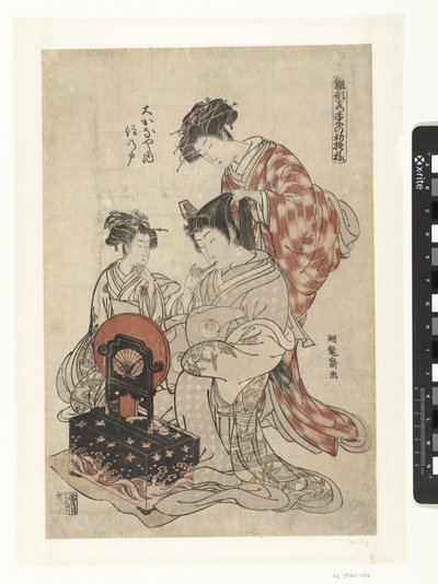De courtisane Suminoto uit het Okanaya Okanaya uchi Suminoto (tytuł na obiekcie) Model Patronen van vroege lente blaadjes (tytuł serii) Hinagata wakana no hatsu moyo (tytuł serii na obiekcie) autorstwa Isoda Koryusai