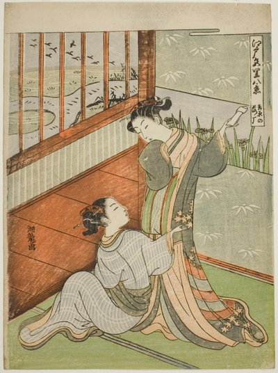 Gęsi schodzące w Yoshiwara (Yoshiwara no rakugan), z serii „Osiem widoków na dzielnice przyjemności Edo (Edo irozato hakkei)” autorstwa Isoda Koryusai