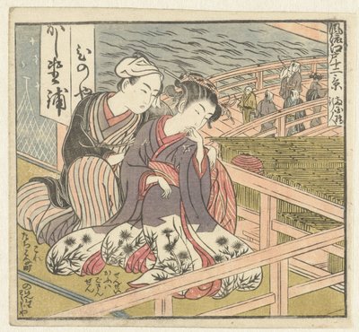 Zakochana para na werandzie Dwanaście widoków wyrafinowanego Edo (tytuł serii) Furyu Edo junikei (tytuł serii na obiekcie) autorstwa Isoda Koryusai