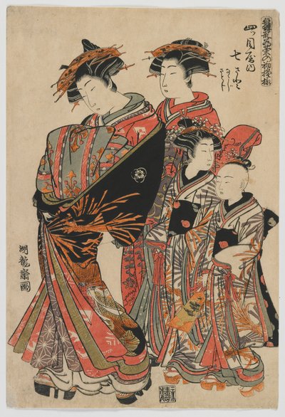 Modele dla mody: nowe wzory jako świeże młode liście: Kurtyzana Nanasato z Yotsumeya z jej asystentami Nanaji i Satoji, okres Edo, 1778-80 (kolorowy druk drzeworytu) autorstwa Isoda Koryusai