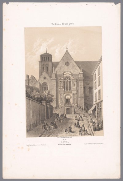 Widok katedry Sainte-Trinité w Laval lawa. Fasada de la Cathédrale (tytuł obiektu) Współczesna Francja (tytuł serii) La France de nos jours (tytuł serii na obiekcie) autorstwa Isodore Laurent Deroy